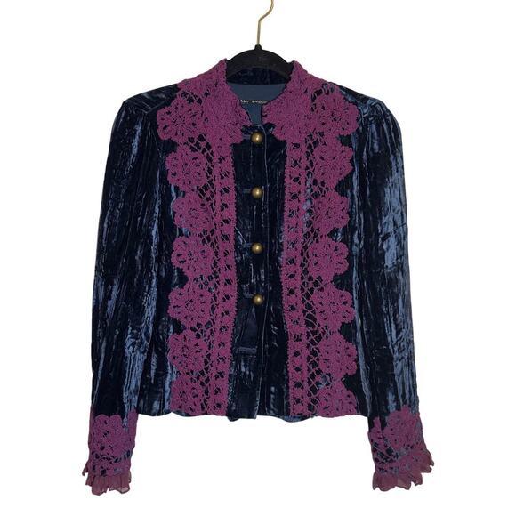 NWT Vintage Betsey Johnson Y2K Blue Velvet/Silk Blazer Crochet Made in‎ USA Sz 4 - Picture 1 of 7